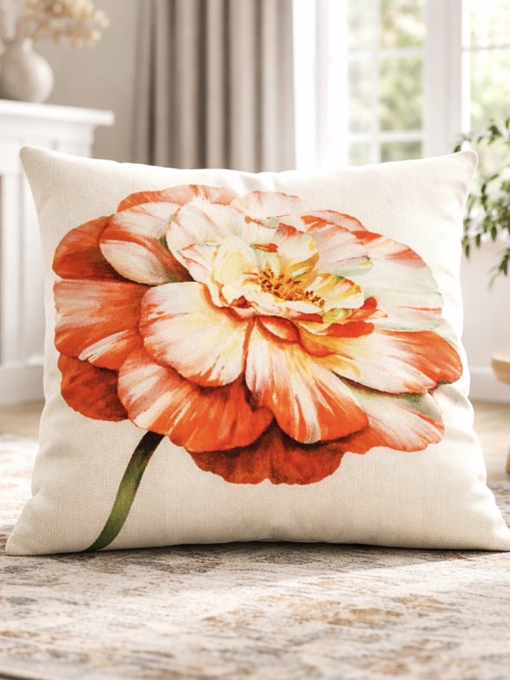 Red & Cream Flower Throw Pillow Cover 16" x 16"